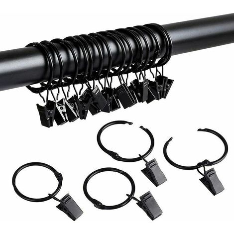 40 pièces Anneaux de Rideaux avec Pinces, Anneaux Rideaux en Métal pour Rideaux Anneaux à Pinces pour Rideau Clips Crochets (Noir 25mm) (1/4)