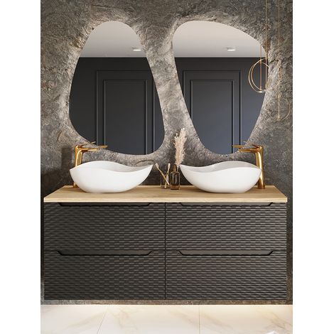 Badmöbel Set 3-teilig mit 120cm Doppelwaschtisch in Eiche mit schwarz OLUO-56-BLACK, Front mit 3D-Struktur in Wellenoptik (1/5)