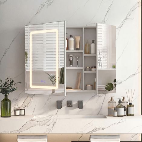 Armadio da bagno con specchio, Armadio da toilette con specchio 2 ante con illuminazione LED 3 colori, funzione antiappannamento, specchio doppio lato interno, mobile da bagno murale moderno