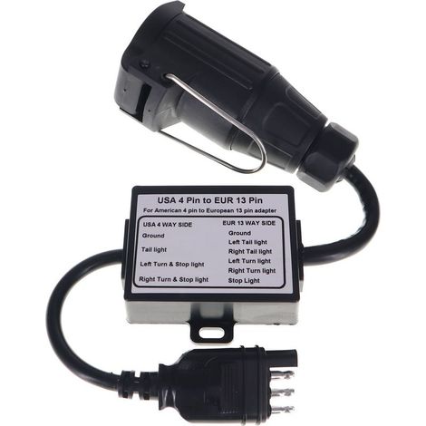 Adapter für tragbare Anhängerbeleuchtungs-Verkabelung, Konverter: Flacher US-4-Pin-Stecker aus Kunststoff auf 13-Pin-EU-Stecker. (1/4)