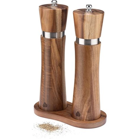 Set macina sale e pepe - sottobicchiere in legno - macinino in ceramica regolabile - set da 2 pezzi - legno di acacia (1/5)