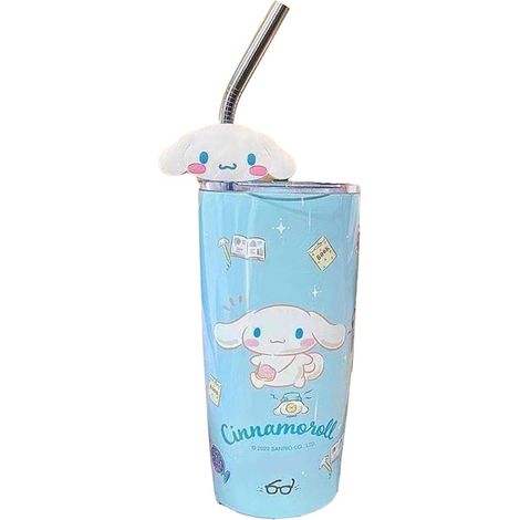 Isolierbecher aus Edelstahl mit Deckel und Strohhalm, niedliches Anime-Design, ideal für Eiskaffee, Büro, Reisen und Zuhause, Blau (1/5)