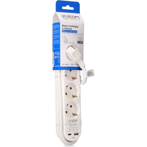 Estensione con 4 prese 2 P+t Schuko, con interruttore, 2 USB A + C, 16 A 250 V, cavo H05VV-F, 3G1,5mm² di 1,5 m, bianco