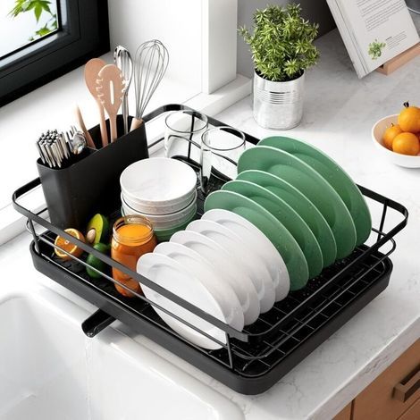 Escurridor de platos, escurridor de platos que ahorra espacio, escurridor de platos para encimera de cocina, escurridor de platos de acero inoxidable duradero con soporte para cubiertos, escurridor de (1/5)