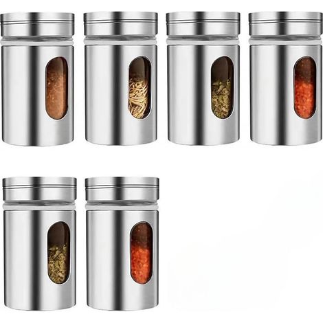 Set mit 6 silbernen Gewürzgläsern aus Edelstahl, perfekt für die Küche.
