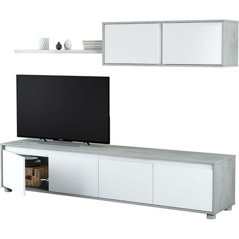Meuble TV coloris Blanc Artik / Ciment en melamine - Dim : 43 x 200 x 41 cm -PEGANE- (1/4)