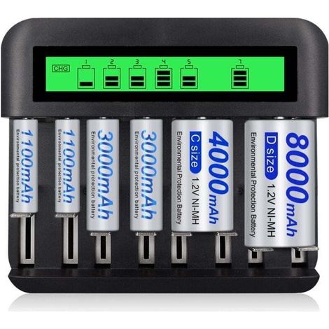 8 chargeurs de piles, chargeur universel LCD avec affichage numérique, compatible AA AAA C D, port USB intégré (1/4)