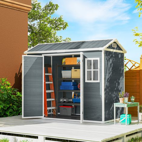 Caseta de jardín de 2,77 m², cobertizo para herramientas con aspecto de madera, 2 ventanas, puerta doble, ventilación, suelo, cerradura, guantes.
