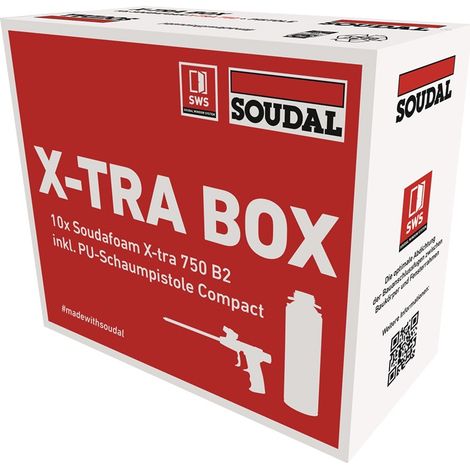 SOUDAL 1K-Pistolenschaum SOUDAFOAM X-TRA Box 10 Dosen + PU-SchaumpistoleB2 ohne Einweghandschuhe Karton