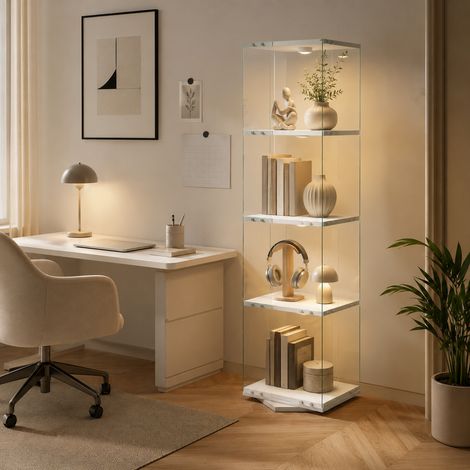 Vitrine Rotative 360° avec Éclairage LED, Vitrine en Verre avec 4 Étagères, Vitrine sur pied, Anti-basculement, Blanc