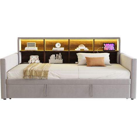 CHICFURN Lit canapé 90x190 cm en velours gris clair avec coffre de rangement, tête de lit à étagères, LED et prises USB-C, couchage 180 cm, gain de place (1/5)