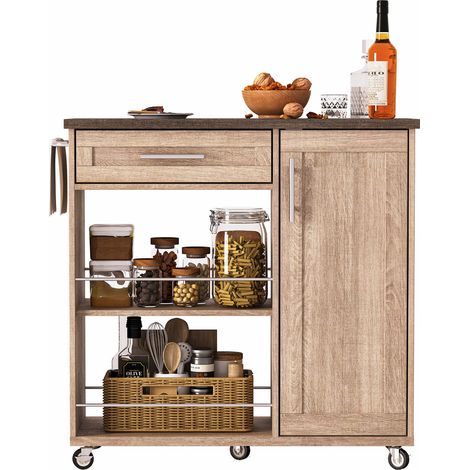 Carro de cocina efecto madera con cajón, armario, estantes y ruedas con freno, 90x62x90 cm (1/5)