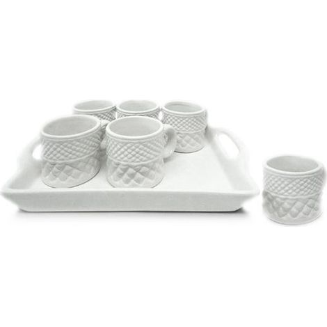 Set 6 Tazzine Tazze Caffe' Bianche con Vassoio in Ceramica