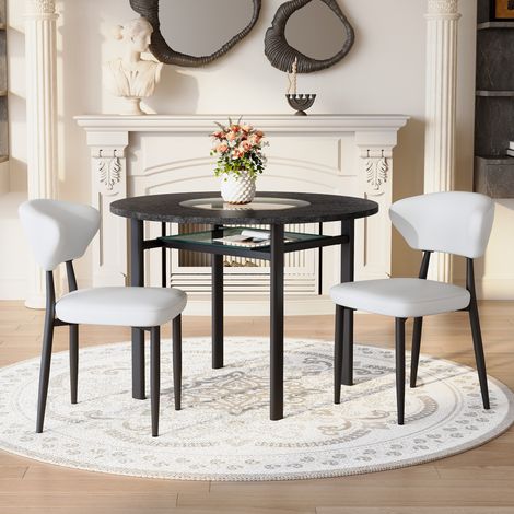 Juego de comedor redondo con 2 sillas, tablero de MDF con inserto de vidrio, metal y PU blanco y negro (1/5)