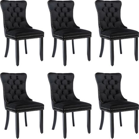 Modern Set of 6 Upholstered Velvet Dining Chairs, Button Tufted Kitchen Lounge Chairs with Solid Wood Legs, Riveted Trim and Knocker Ring, for Dining Room Living Room, Black (1/5)
