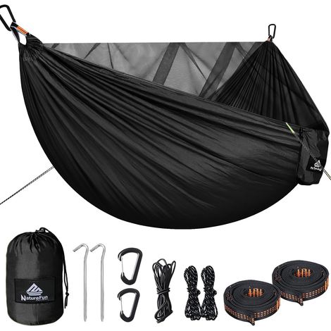 Hamac de Camping avec Moustiquaire Capacité de Charge de 300kg, (290 x 140 cm) Nylon Parachute Respirant, séchage Rapide Accessoires complets Hamac de Voyage Facile à Installer (1/5)
