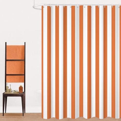 Rideau de Douche, 165x180cm, Orange et Blanc Minimalisme Moderne Rayures Verticales Tissu Pmperméable Machine Lavable Rideau de Salle de Bain avec Crochets (1/5)