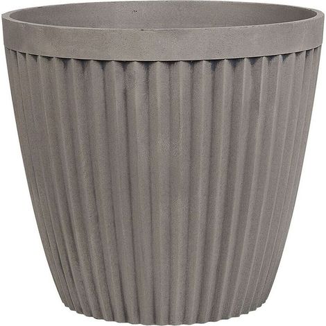 Cache-Pot Gris Taupe en Pierre et Polyrésine 36 cm Diamètre à Rayures Verticales Poka