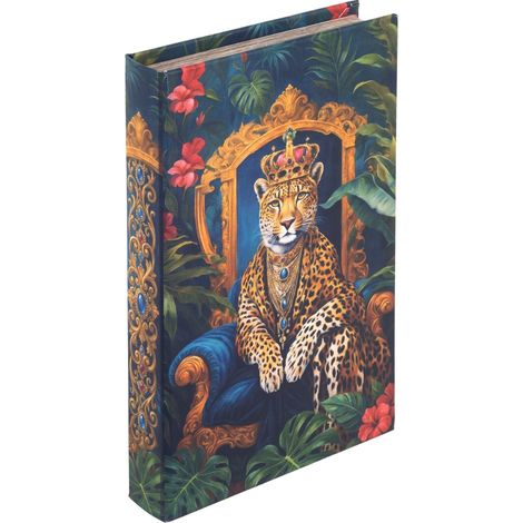 Caja joyero libro leopardo con corona azul y dorado 25 cm