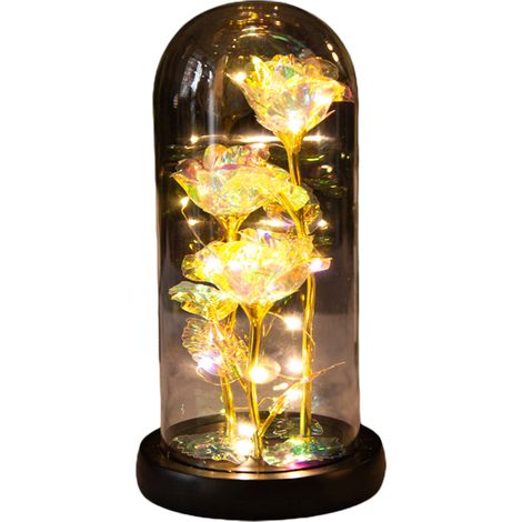 Lampe LED couleur bûche trois fleurs en feuille d'or couvercle en verre cadeau de Noël Saint Valentin anniversaire (1/4)