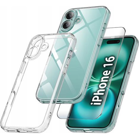 Custodia sottile per iPhone 16, trasparente, con retro rinforzato e vetro 9H. (1/5)