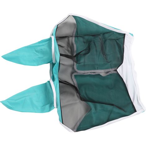 Masque anti-mouches pour chevaux en maille, élastique, protection UV, amovible et respirant, avec oreilles, bleu et vert, taille L (1/5)
