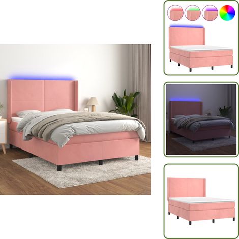 Sommier à lattes de lit matelas et LED Rose 140x190 cm Velours - Lit Plateforme - Lit Double - Lit Rembourré - Lit Design - Tête De Lit Ajustable (1/5)