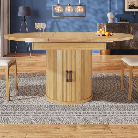 Table à manger ronde extensible 118-158 cm passage ovale pour 6 personnes,structure bois naturel. Adaptée cuisine salon et balcon.