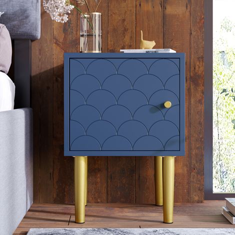 Set de 2 mesitas de noche 35x35x51 cm azul marino en madera con patas metálicas y puertas con motivo de escamas (1/5)