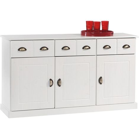 Idimex – Buffet blanc en pin massif 3 tiroirs – 3 portes battantes avec étagères réglables – Dimensions 78x133x39 cm (1/3)