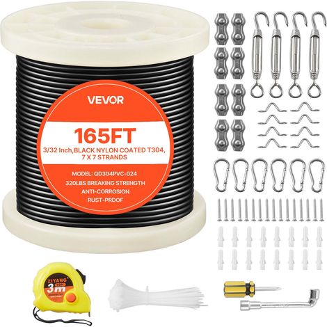 VEVOR Cable Acier Inoxydable 2,38 mm x 50,3 m Cable Inox 304 Kit Fil Tresse Inox Enduit PVC pour Garde-corps Terrasse, Treillis de Jardin, Guirlandes Lumineuses, Resistance a Rupture 2 kN, 7x7 Brins (1/5)