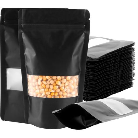 200pcs Sachets en Mylar Refermables, 12 x 20 cm Sacs Mylar avec Fenêtre en Aluminium pour Conservation des Aliments, Noir (1/5)