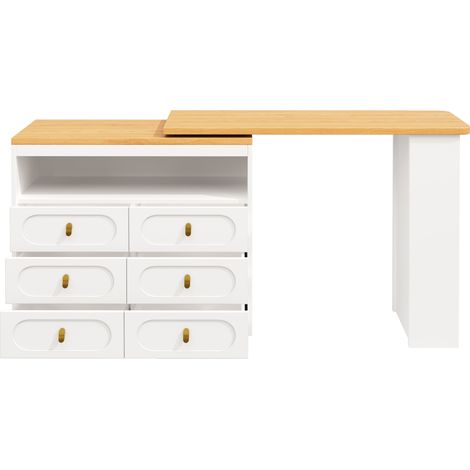 Table de bar extensible avec rotation 360°, rangement et roulettes, MDF blanc, 138-203 cm (1/5)