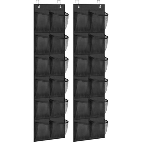 Zapatero para colocar detrás de la puerta con 12 bolsillos grandes de malla, apto para puertas de armario estrechas, color negro, paquete de 2 unidades. (1/3)