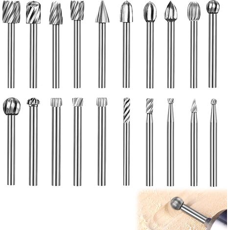 Lot de 20 forets de sculpture sur bois pour outil rotatif, kit de fraises rotatives HSS avec tige de 3 mm, fraises à bois pour bricolage, travail du bois, sculpture, gravure, perçage