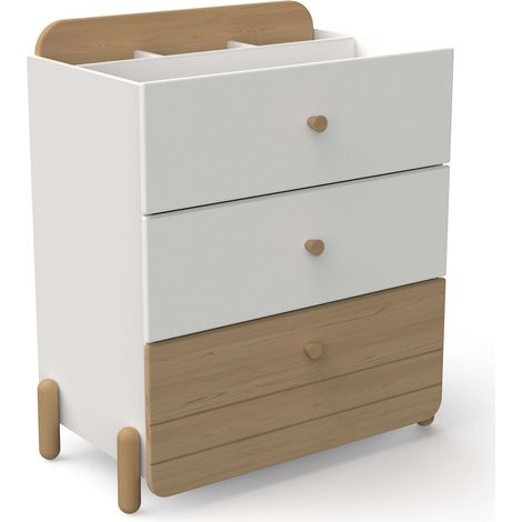 Commode 3 tiroirs Edaj pour jeunes, blanche et chêne, 73 x 82 cm, meuble de rangement pour chambre d'adolescent (1/4)