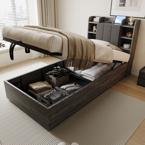 Holzbett 90x200 cm mit viel Stauraum und Hydraulik-System, Einzelbett Jugendbett mit USB & Typ-C Steckdose, Kopfteil mit Regalen, Grau (1/5)