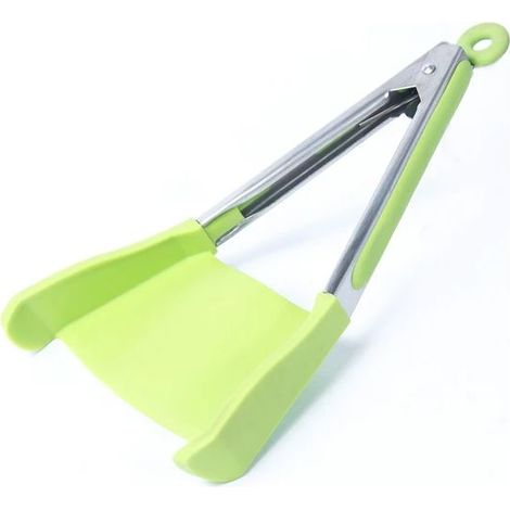 Pince et grattoir de cuisine intelligents en 1, avec cadre en acier inoxydable antiadhésif résistant à la chaleur et pince en silicone, ustensile de cuisine vert.