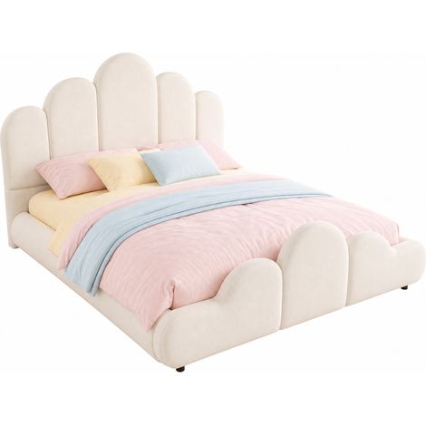 Lit enfant 140 x 200 cm en velours beige avec tête de lit rembourrée, bords arrondis et cadre stable, CHICFURN (1/5)