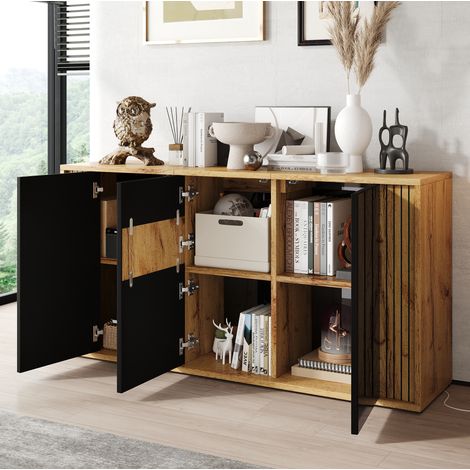 Sideboard mit 3 Türen 140 x 35 x 71 cm MDF und Spanplatte Schwarz Holzton OKWISH (1/5)