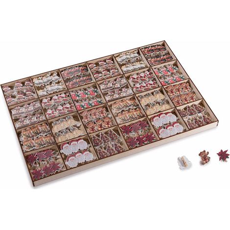 Decorazioni natalizie in legno con molletta ideali per packaging e confezioni regalo di Natale, in espositore da 288 pezzi, Giostra: 3,2 x 3 H