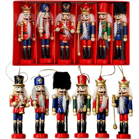 6 Casse-Noisette de Noël Traditionnels en Bois, 12cm - Décoration Sapin de Noël à Suspendre, Ornements d'arbre - Solide & Qualité Premium (1/5)