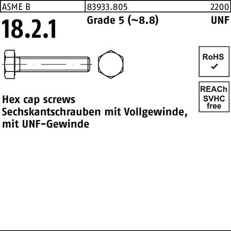 Vis à tête hexagonale R 83933 UNF-filet VG 1/4x 1/2 Grade 5 (8.8) 100 pièces