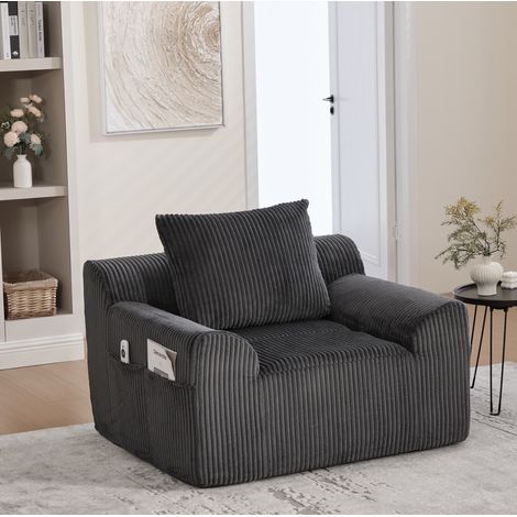 Fauteuil surdimensionne 147x110x67 cm gris fonce en velours cotele avec repose-pieds et poches laterales (1/5)