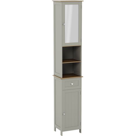 Priano 2 Door Tallboy Freestanding Mirrored Bathroom Cabinet Cupboard, Grey-&-Oak (1/5)