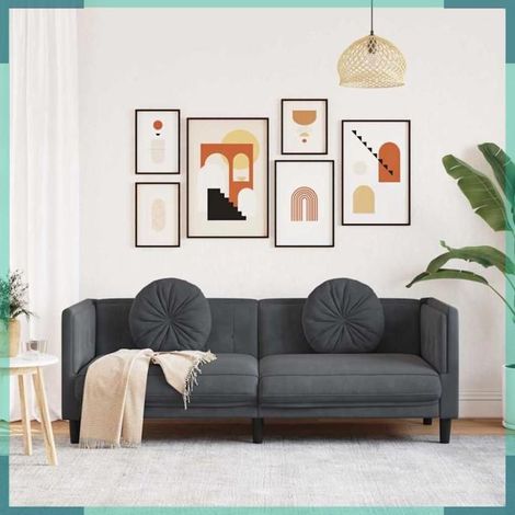 Canapé 3 places - 372643 - velours gris foncé - 193,5 x 77 x 70 cm - 2 coussins ronds (1/5)