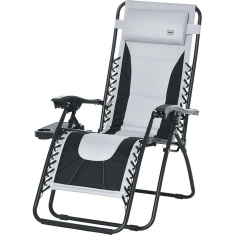 Zero Gravity Lounger Chair, Folding Reclining Patio Chair with Padded Seat, Cup Holder, Soft Cushion Headrest for Poolside, Camping, Light Grey (1/5)