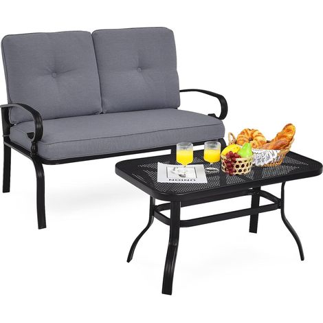 COSTWAY Salon de Jardin 2 Pièces avec Table Basse et Coussins Charge 250KG, Ensemble de Canapés de Terrasse 2 Places avec Cadre Métallique, pour Patio Balcon Terrasse (Gris) (1/5)