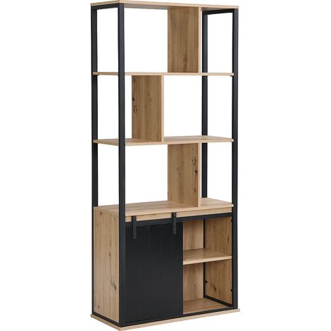 Libreria con spazio portaoggetti e 1 anta scorrevole in MDF e Acciaio Naturale e Nero - YALENA (1/5)