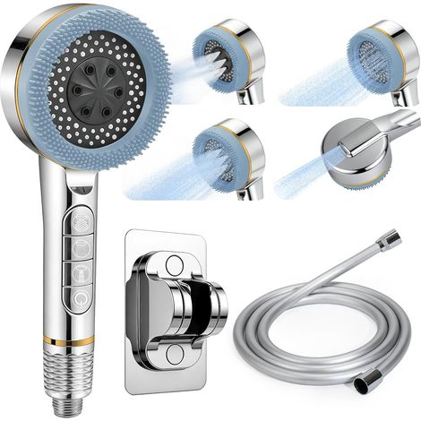 CCYKXAPommeau de Douche avec Filtre Douchette de Bain avec 4 Modes de Jet, Pression Tete de Douche Livré avec Tuyau 1,5m et Support Murale (Bleu) (1/5)